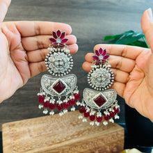 Load image into Gallery viewer, 92.5 silver coated ruby lotus Pachi Kundan German silver Earrings
