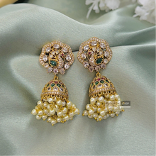 Load image into Gallery viewer, Peacock Cz Golden Kemp Stone Pearl drop Indian ethnic earrings
