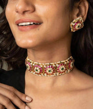 Load image into Gallery viewer, Designer Gold plated Finish Ruby Green polki Choker Necklace set
