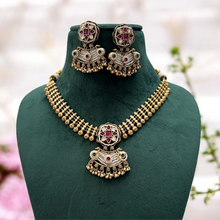 Load image into Gallery viewer, Pearl Kemp stone Dainty South indian temple necklace set
