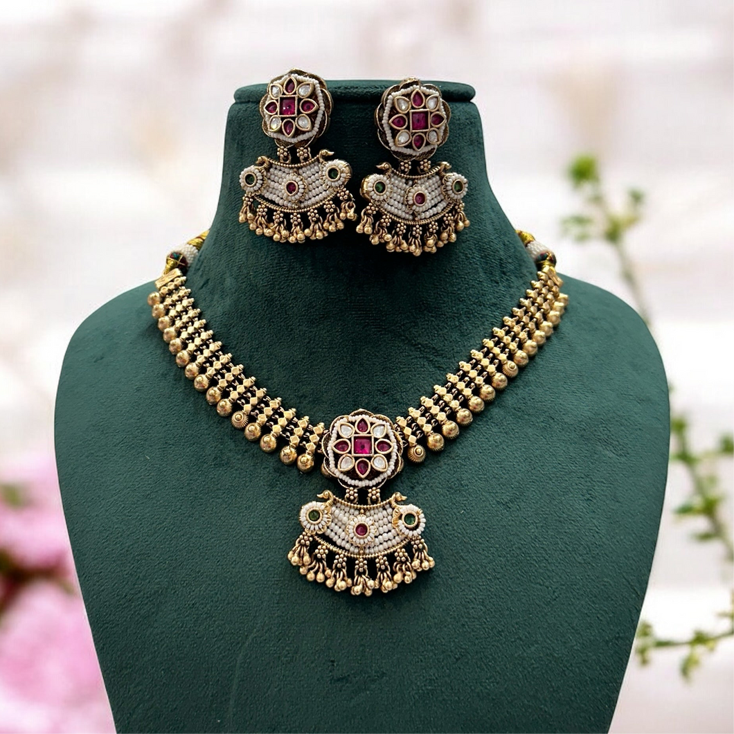 Pearl Kemp stone Dainty South indian temple necklace set