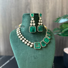 Load image into Gallery viewer, Tayani Gold plated Emerald Green Doublet Half n half Premium Statement Necklace set
