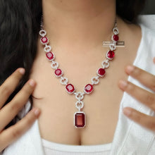 Load image into Gallery viewer, Tara-American Diamond Red Silver Finish Long Designer Necklace set
