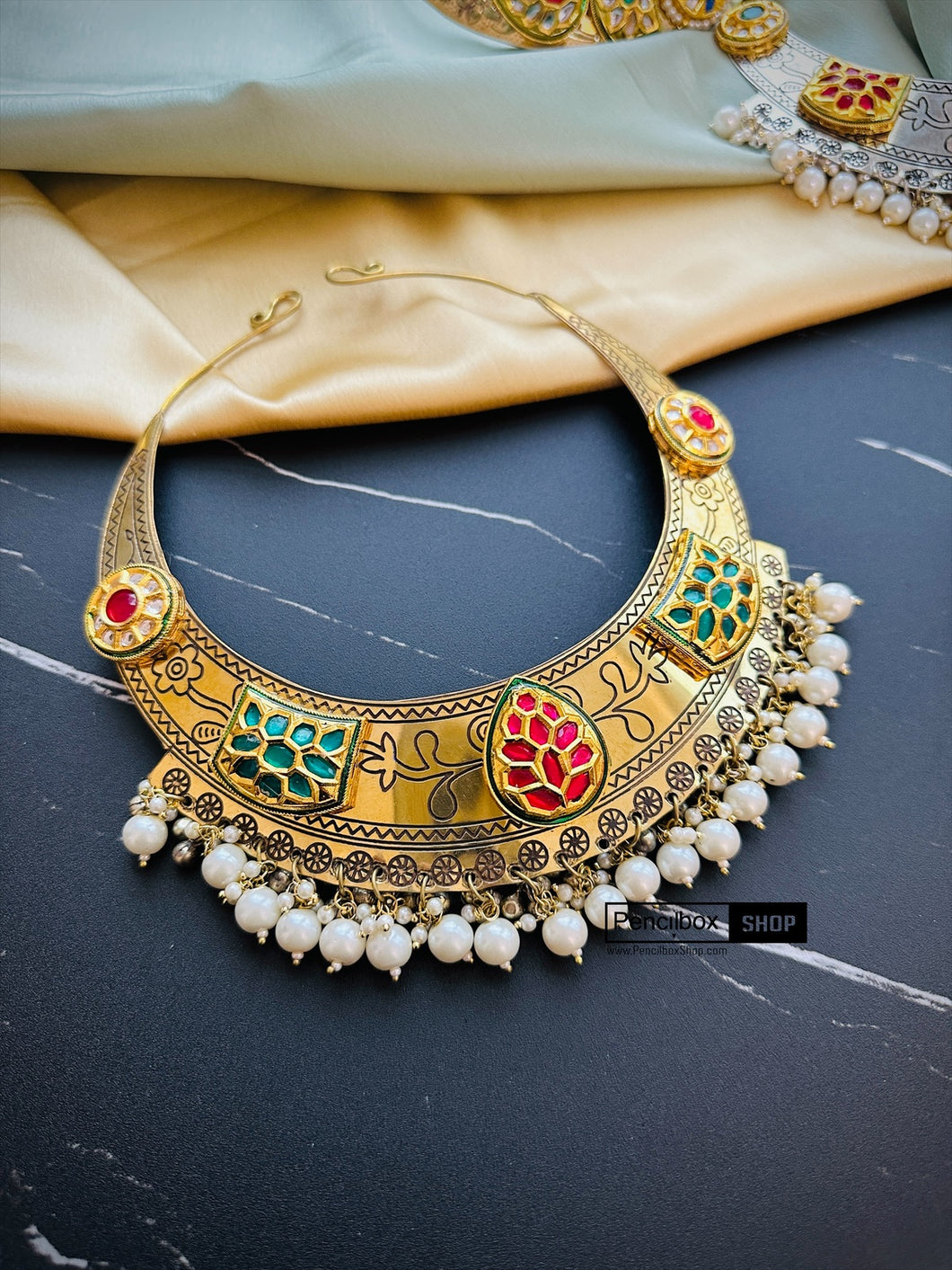 Golden German silver Navratna Multicolor Hasli Necklace