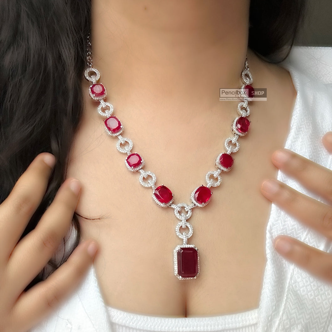 Tara-American Diamond Red Silver Finish Long Designer Necklace set