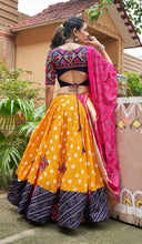 Load image into Gallery viewer, PRE ORDER yellow bandhani multicolor Embroidery Navratri lehenga choli
