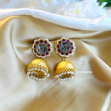 Load image into Gallery viewer, Multiple colors-Pachi kundan Flower Golden Brass Pearl Jhumka earrings
