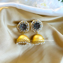 Load image into Gallery viewer, Multiple colors-Pachi kundan Flower Golden Brass Pearl Jhumka earrings
