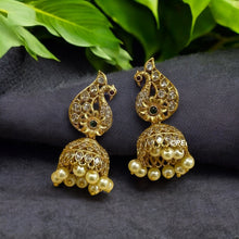 Load image into Gallery viewer, Peacock multicolor cz Pearl drop Indian jhumka ethnic earrings
