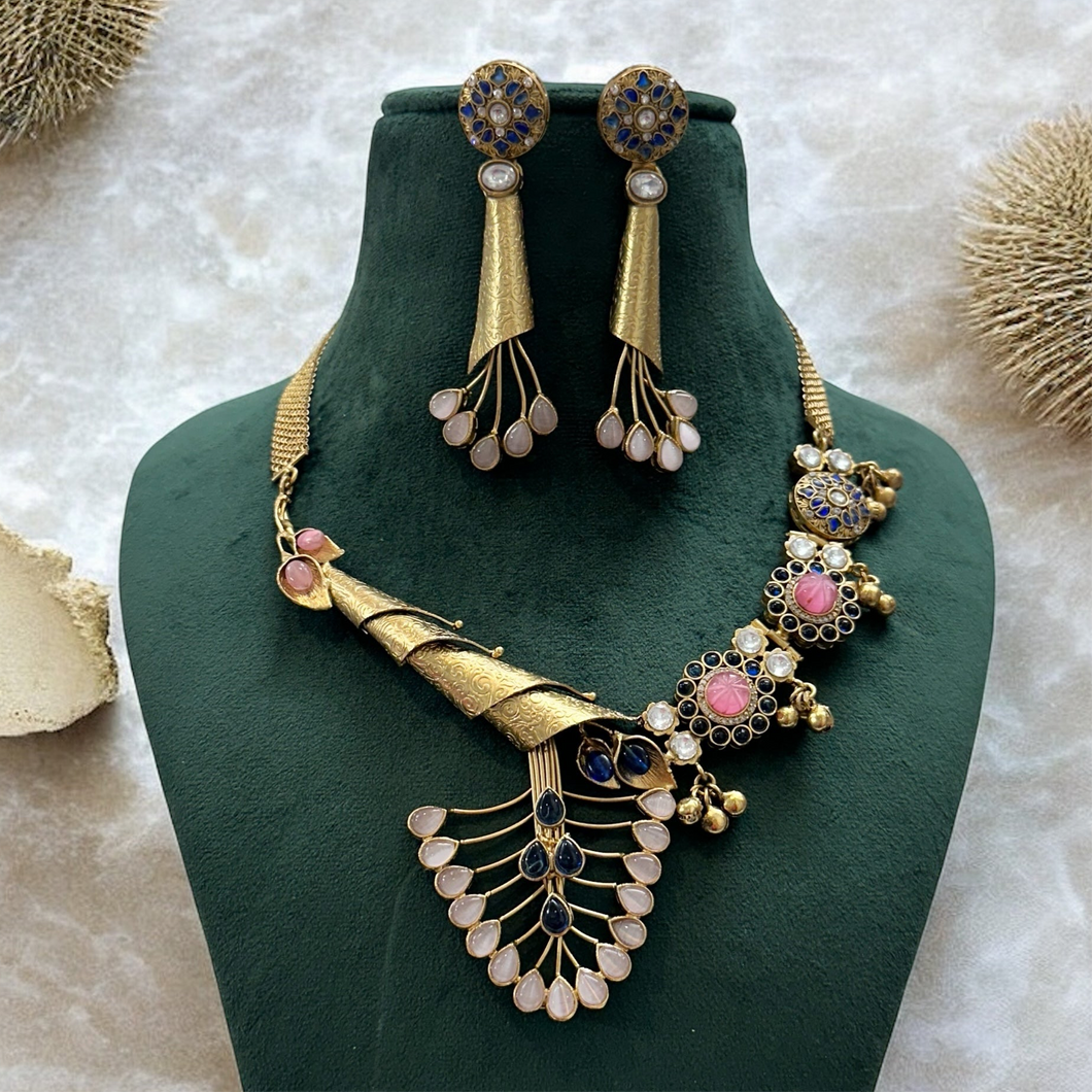 Contemporary fusion Carved Blue Pink Necklace set