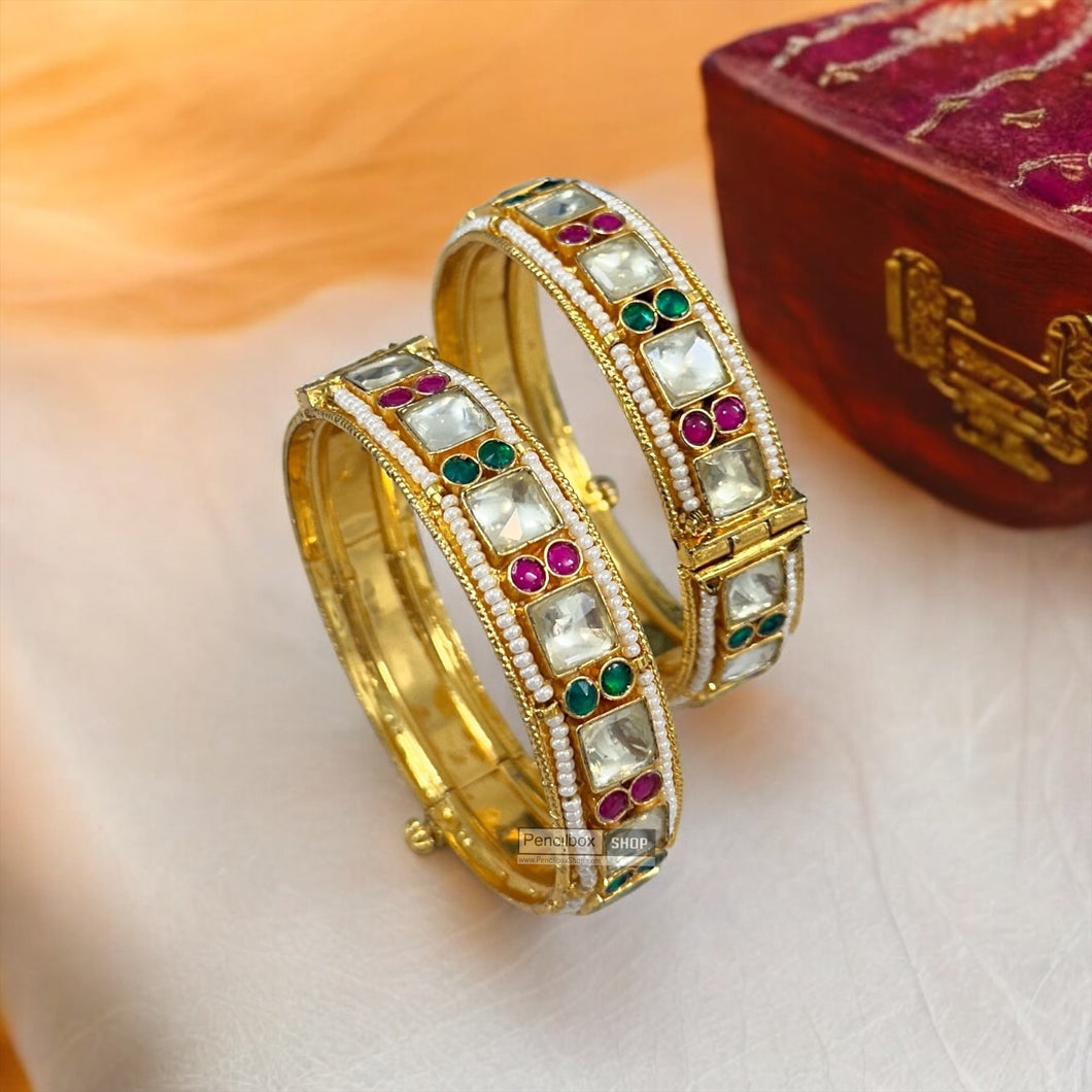 Set of 2 Bangles Ruby Green White Square Pachi Kada