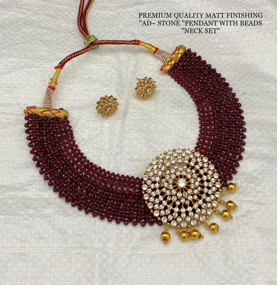 Vani Ruby Hydro Beads Cz Golden Big Pendant Necklace set