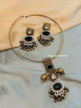 Load image into Gallery viewer, German Silver Dual tone antique Elephant ghungroo Hasli necklace set
