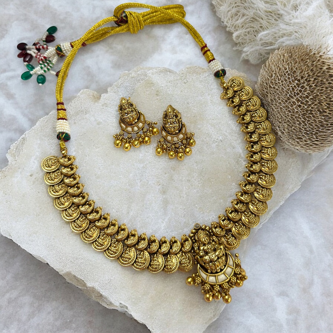 Lakshmi ji White coin golden Dainty Temple Necklace set