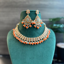 Load image into Gallery viewer, Orange Golden Polki Necklace Set with maangtikkai
