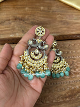 Load image into Gallery viewer, Tayani Kundan gold plated Peacock Mint chandbali earrings
