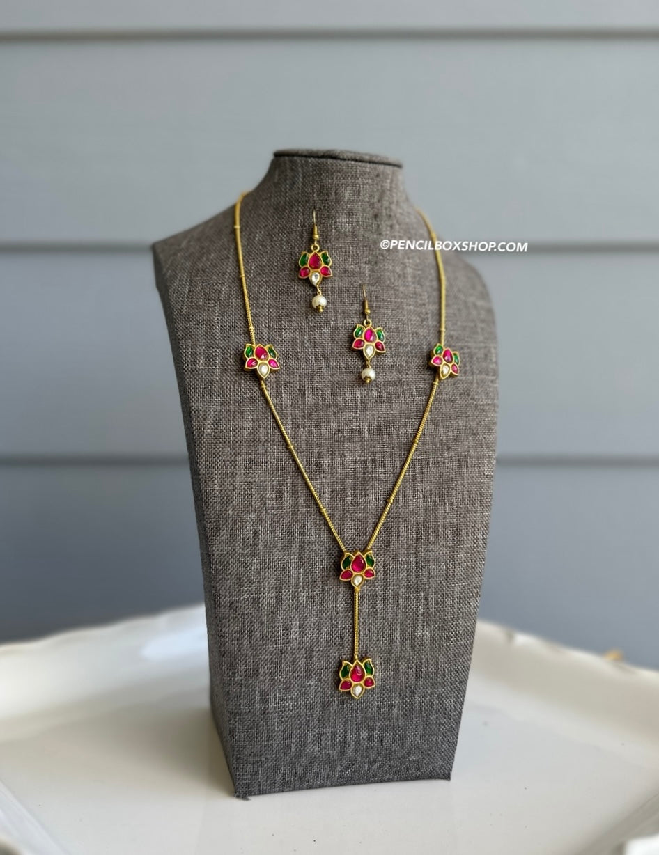 Long Delicate Pachi kundan multicolor Lotus necklace set