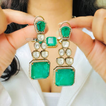 Load image into Gallery viewer, Tayani Gold plated Emerald Green Doublet Half n half Premium Statement Necklace set
