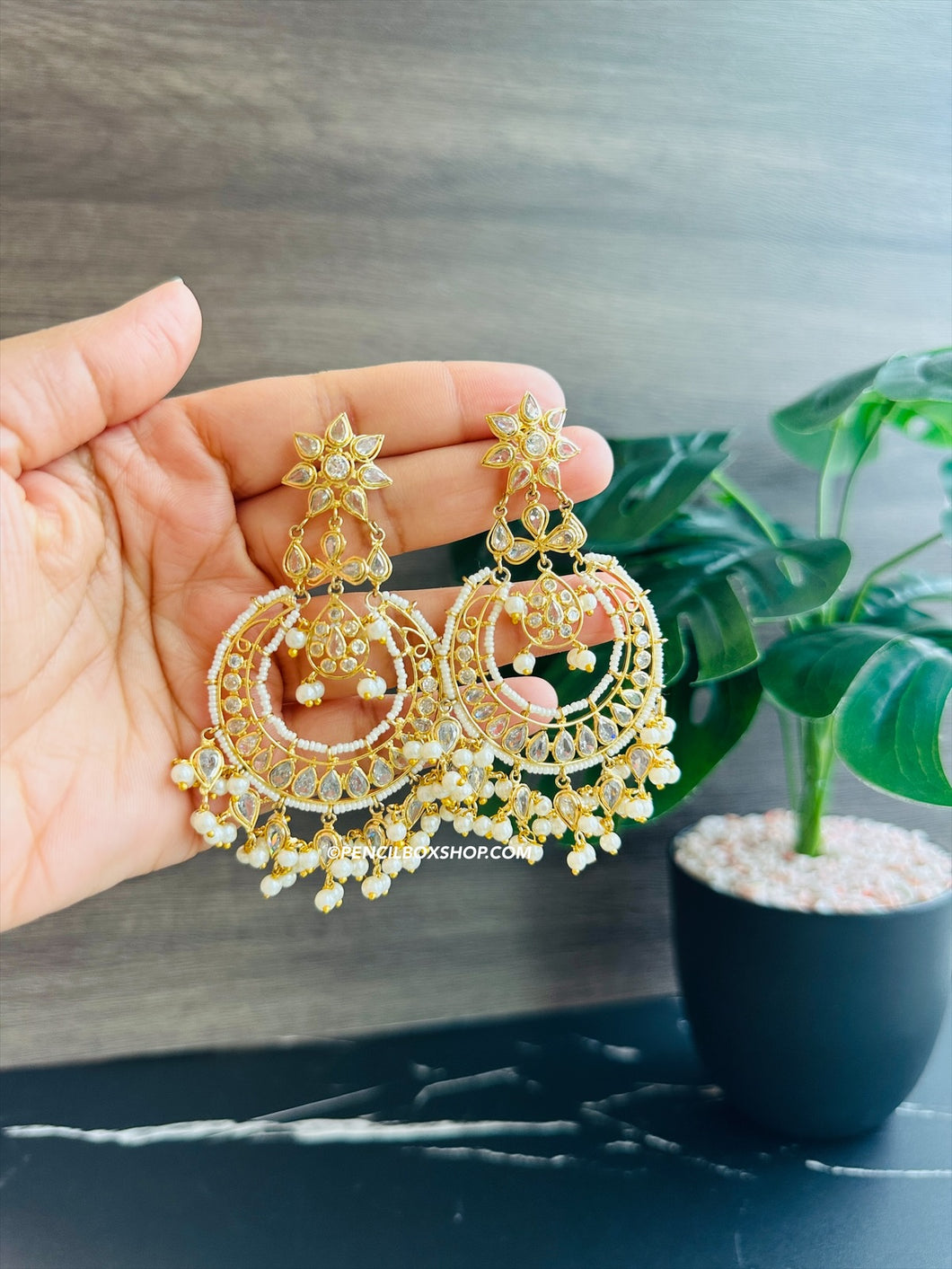 14k Gold plated White Flower Chandbali Jhumka earrings