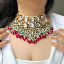 Load image into Gallery viewer, Bridal Premium Quality Kundan Choker necklace set Bridal Ruby Green with Maangtikka
