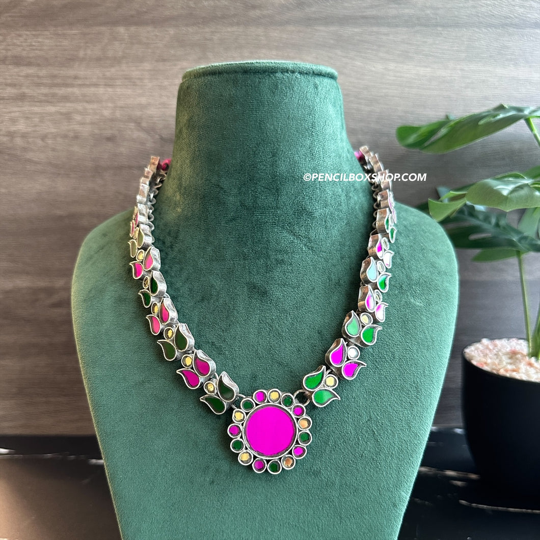 Pink Green Afghani Real Mirror  Navratri Necklace