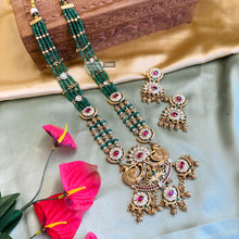 Load image into Gallery viewer, Kundan Green Beaded Long Kemp Stone Haram necklace set
