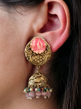 Load image into Gallery viewer, Jaguar inspired Pink Multicolor Stone Jhumka earrings
