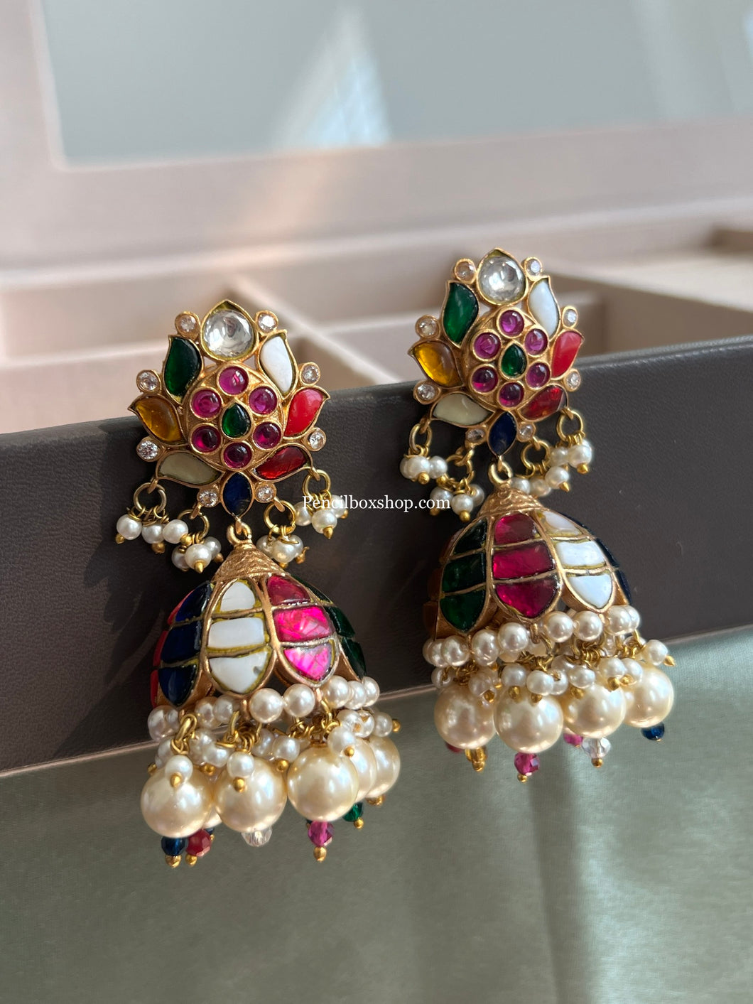 Multicolor Real jadau Work Golden Navratna Jhumka Earrings