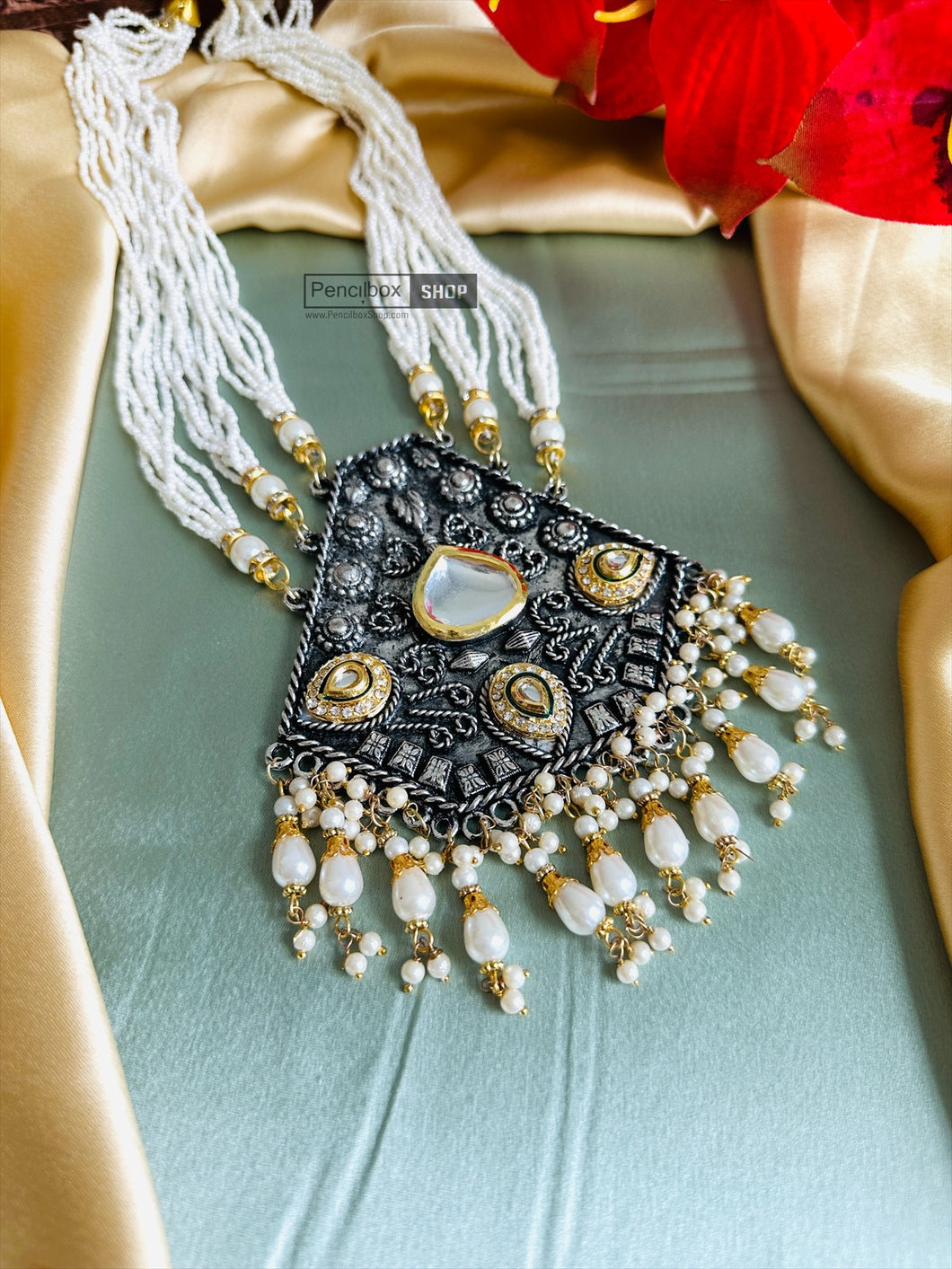 Silver White Kundan Oxidised Afghani Necklace