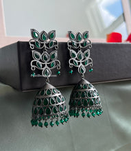 Load image into Gallery viewer, German silver Green pearl Drop Jhumka Earrings
