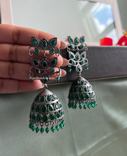 Load image into Gallery viewer, German silver Green pearl Drop Jhumka Earrings
