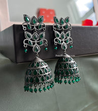 Load image into Gallery viewer, German silver Green pearl Drop Jhumka Earrings
