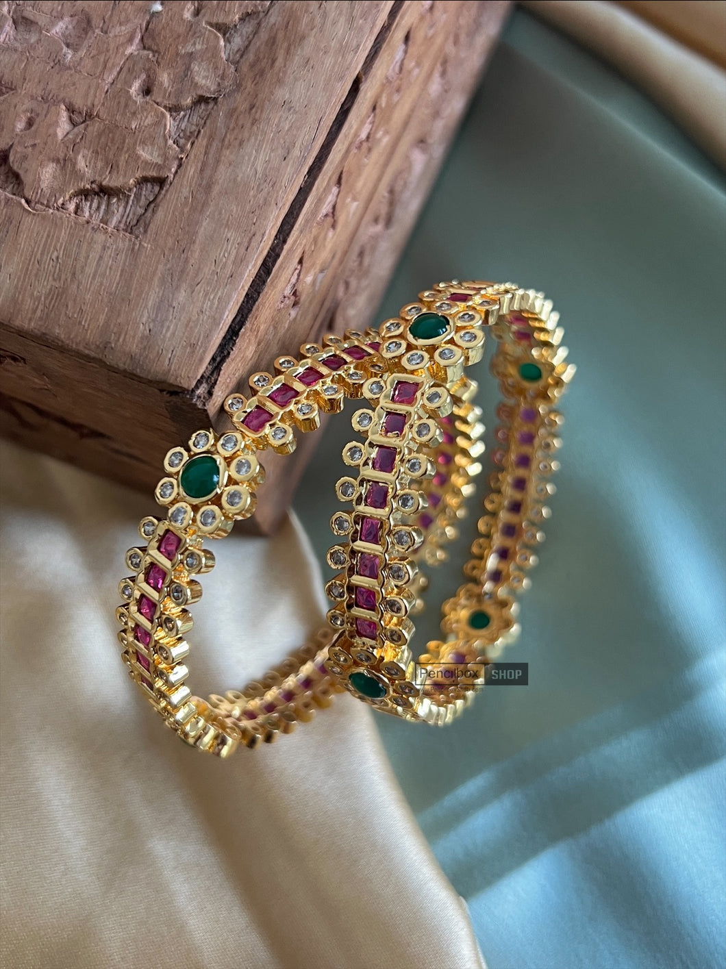 Set of 2 Bangles Ruby green stone Kundan Stone gold finish