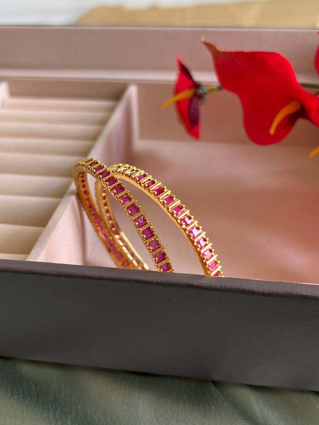 Set of 2 Bangles Ruby Color cz stone  gold finish