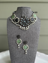 Load image into Gallery viewer, German silver Mint grey Choker Statement necklace set
