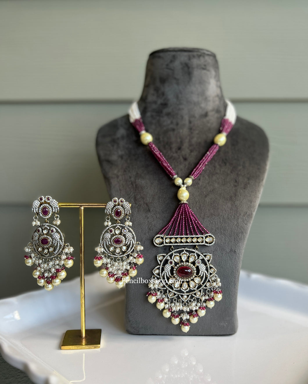 22k Gold plated Tayani Long Ruby Bird Premium Statement Necklace set