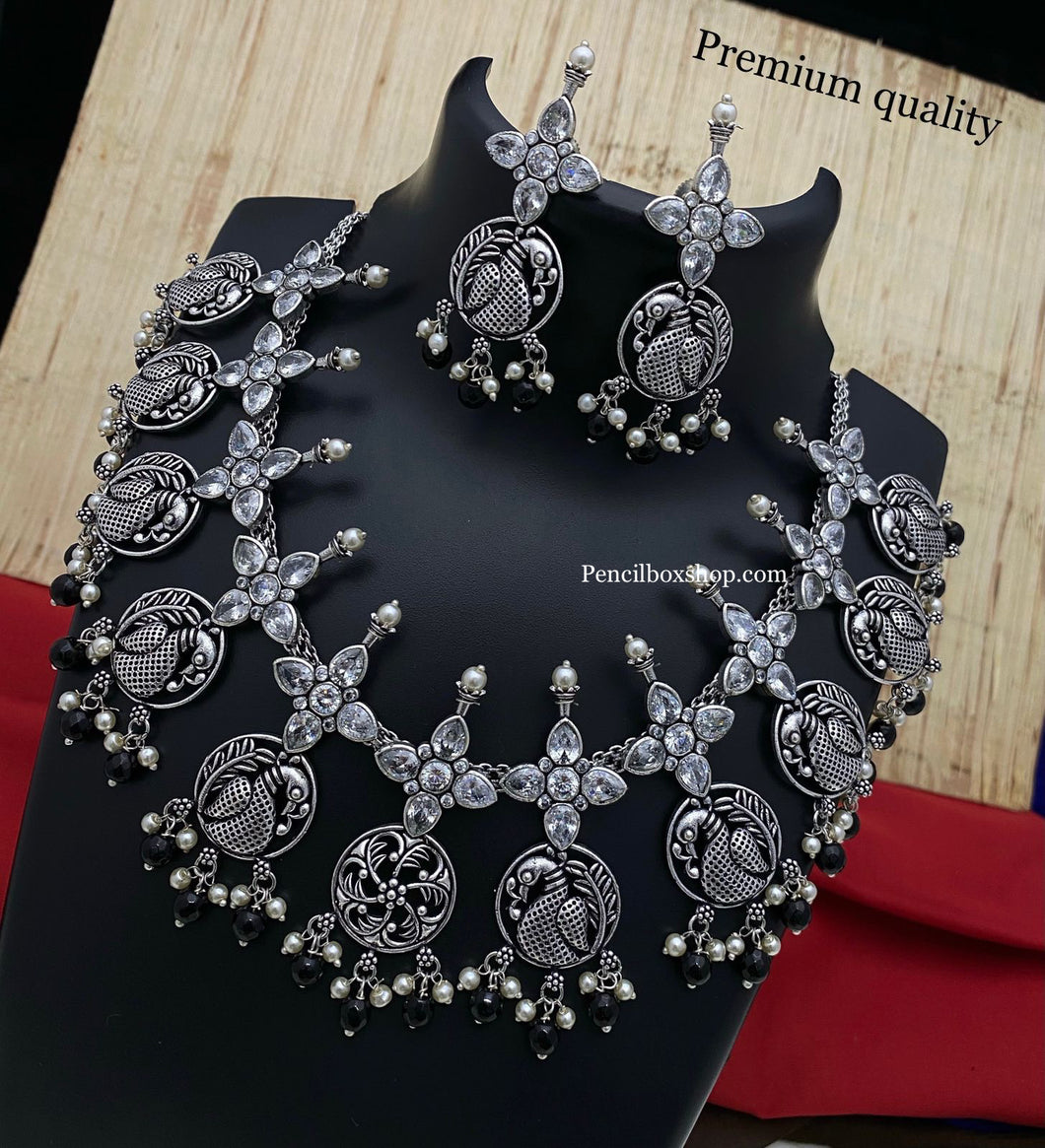 German silver Hanging Beads Pearl Statement  peacock stone necklace set