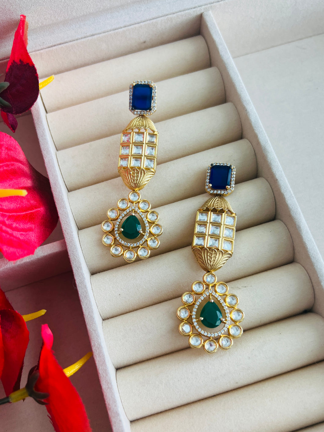 Multicolor Gold matte finish kundan earrings