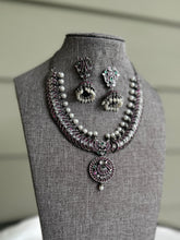 Load image into Gallery viewer, German silver Multicolor Kemp Stone peacock hasli necklace set
