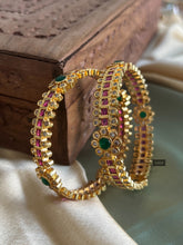 Load image into Gallery viewer, Set of 2 Bangles Ruby green stone Kundan Stone gold finish
