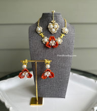 Load image into Gallery viewer, Nandi Contemporary Designer orange Flower Natural Stone Necklace set with maangtikka
