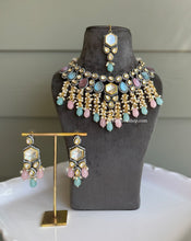 Load image into Gallery viewer, Kundan Meenakari Blue Pink Heavy Designer Necklace set
