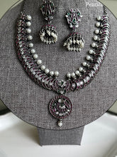 Load image into Gallery viewer, German silver Multicolor Kemp Stone peacock hasli necklace set
