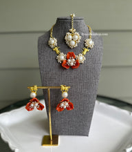 Load image into Gallery viewer, Nandi Contemporary Designer orange Flower Natural Stone Necklace set with maangtikka
