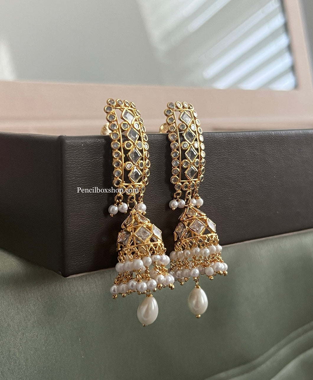 14k Gold plated Green White Pearl Temple earrings