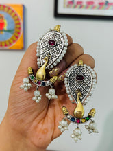 Load image into Gallery viewer, German silver Dual Tone Peacock stone Jhumka Earrings
