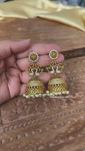 Load and play video in Gallery viewer, Multi Peacock Temple Gold Finish Stone Glass Stone jhumka cz earrings
