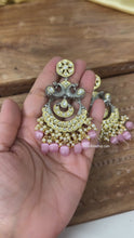 Load and play video in Gallery viewer, Tayani Kundan gold plated Peacock Pink chandbali earrings
