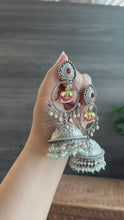 Load and play video in Gallery viewer, Long Dangling German Silver Pachi Kundan jhumka earrings
