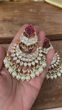 Load and play video in Gallery viewer, Tayani Kundan gold plated Carved Ruby Dangling chandbali earrings
